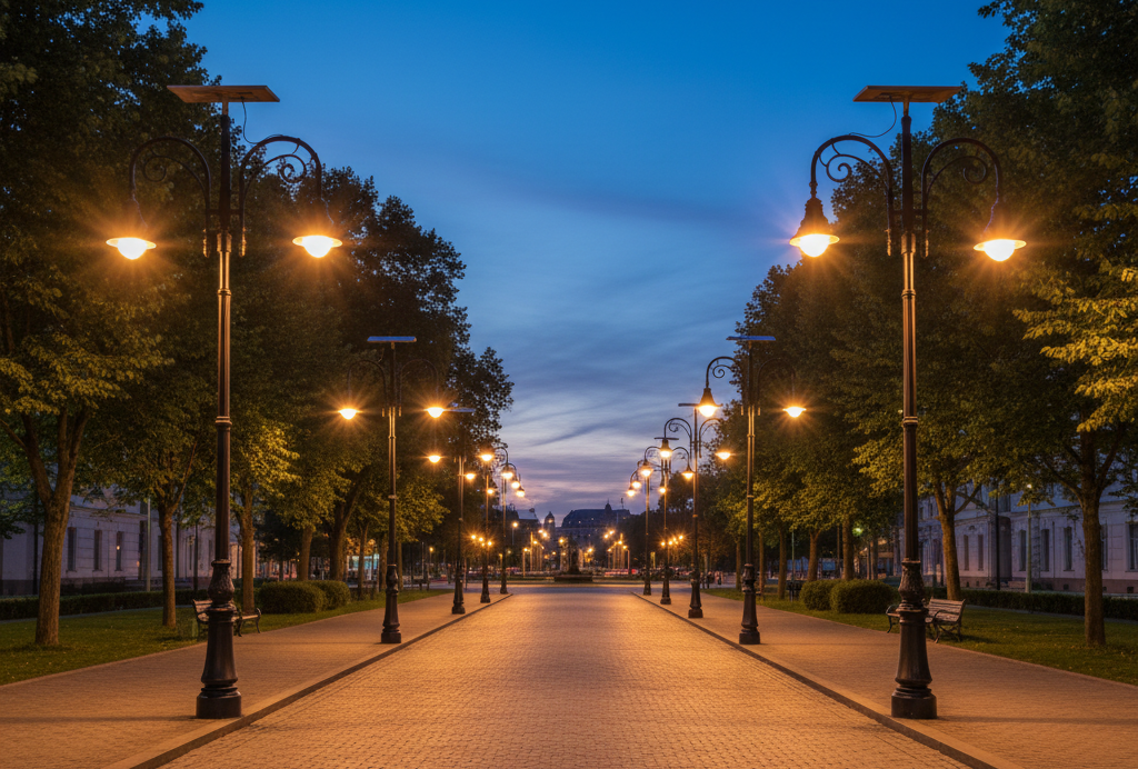 सोलर डबल आर्म डेकोरेटिव्ह स्ट्रीट लाईट: शाश्वत आणि आकर्षक शहरी प्रकाश समाधान