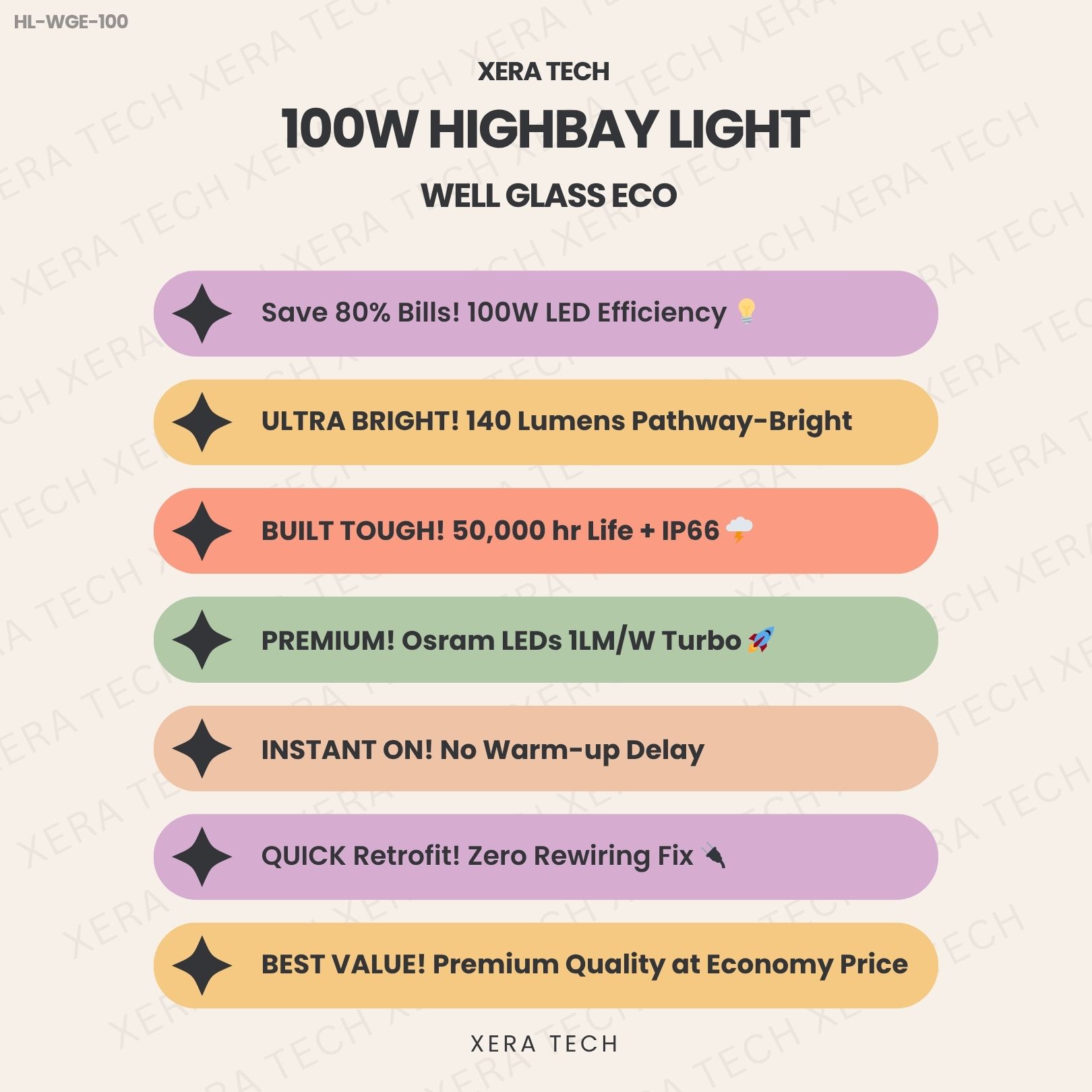 100W Highbay Light specifications sheet – 100W 90V – 300V AC IP66 | Xera Tech