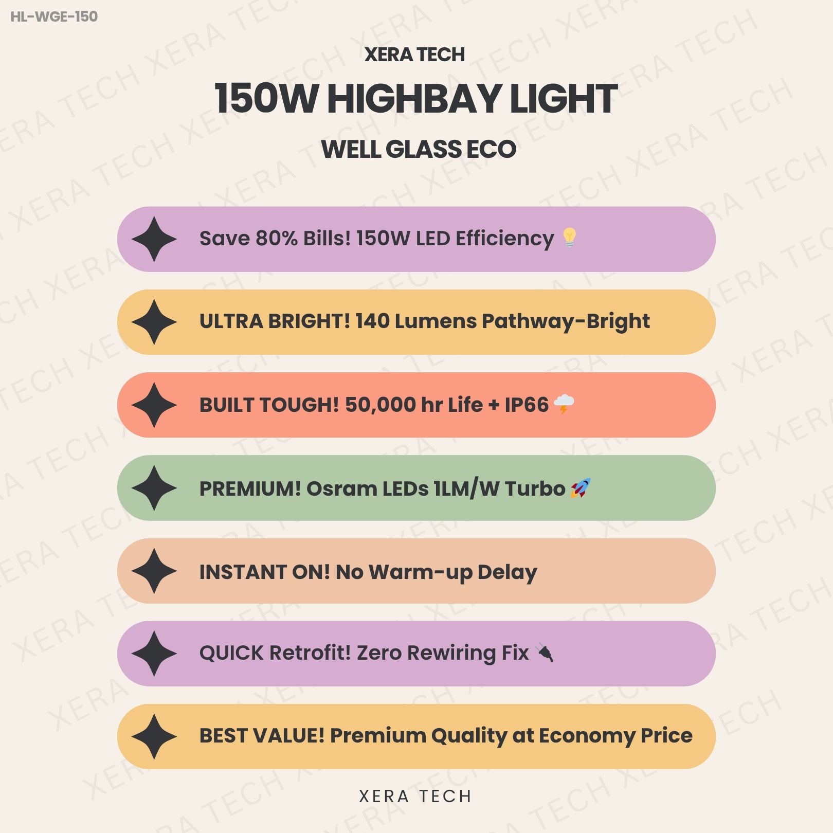 150W Highbay Light specifications sheet – 150W 90V – 300V AC IP66 | Xera Tech
