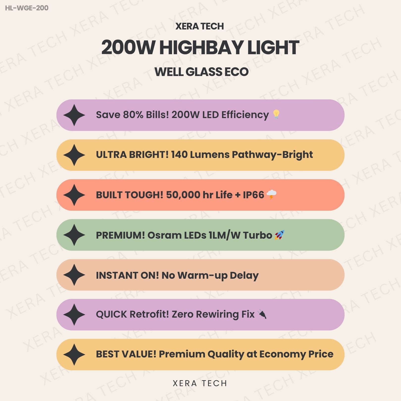 200W Highbay Light specifications sheet – 200W 90V – 300V AC IP66 | Xera Tech