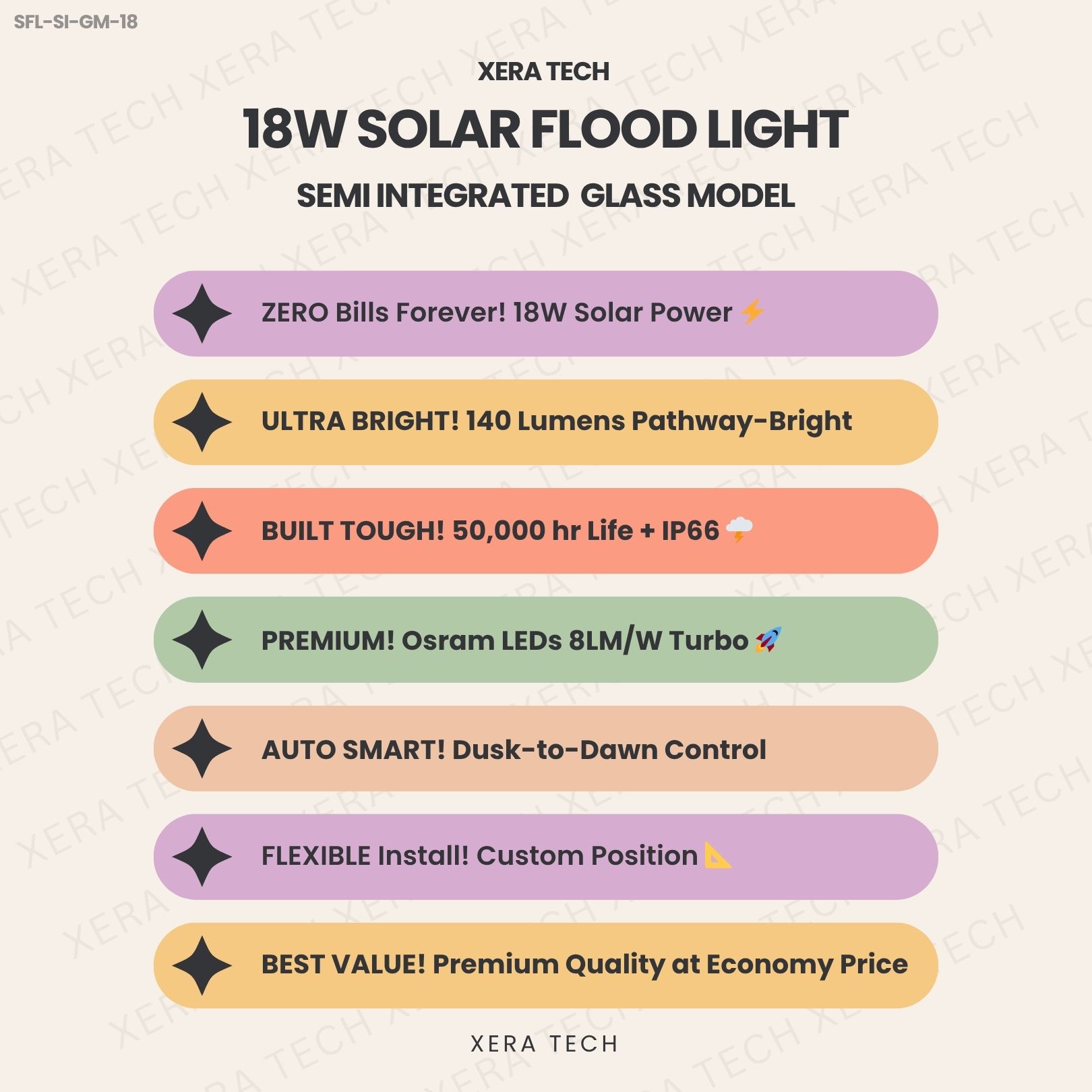 18W Solar Flood Light specifications sheet – 18W 12V or 24V DC IP66 | Xera Tech