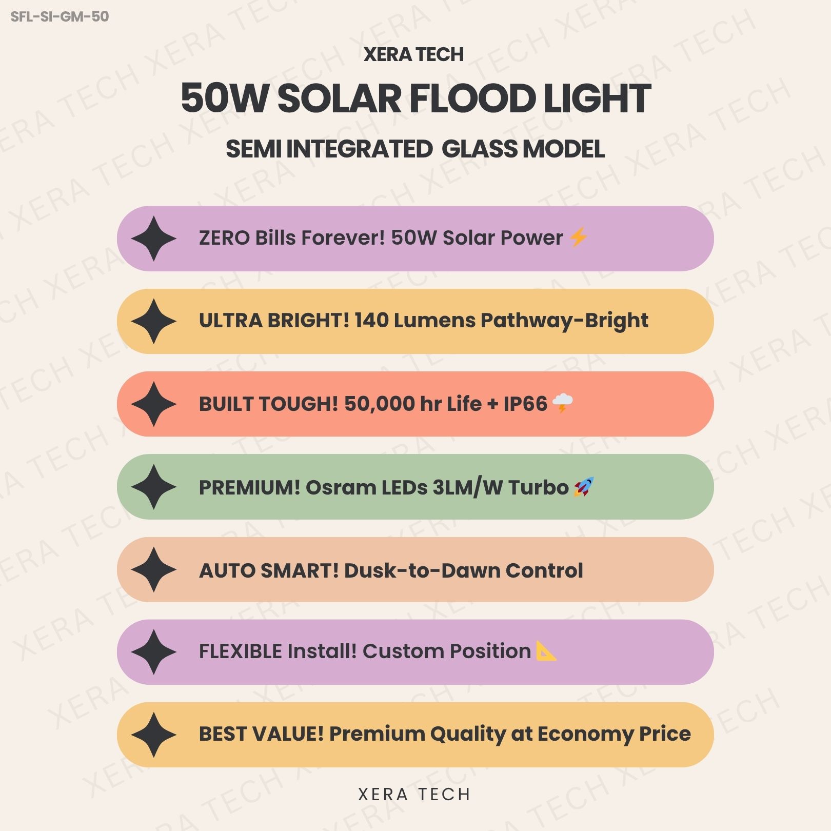 50W Solar Flood Light specifications sheet – 50W 12V or 24V DC IP66 | Xera Tech
