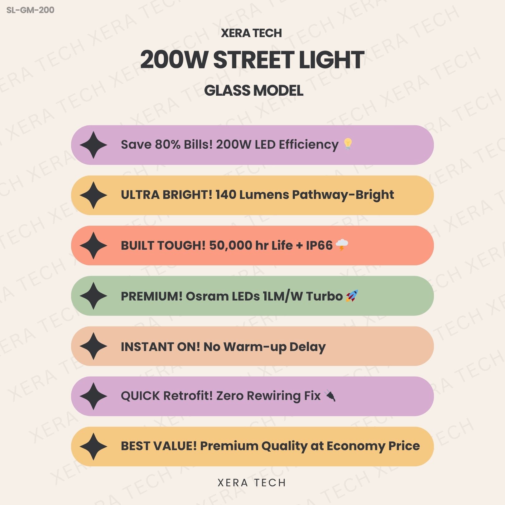 200W Street Light specifications sheet – 200W 90V – 300V AC IP66 | Xera Tech