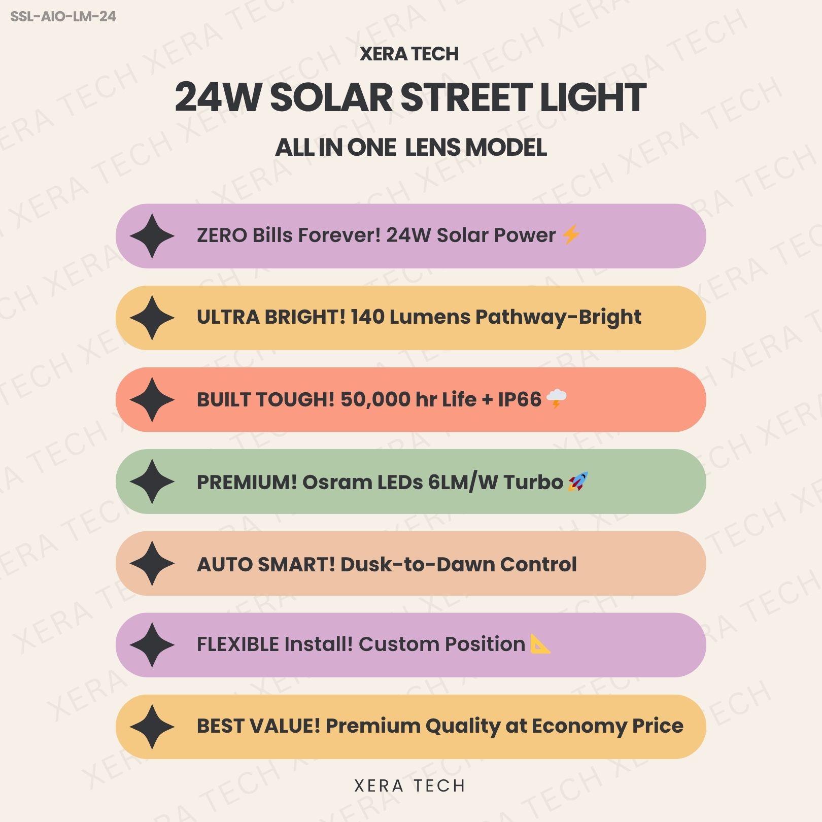 24W Solar Street Light specifications sheet – 24W 12V or 24V DC IP66 | Xera Tech
