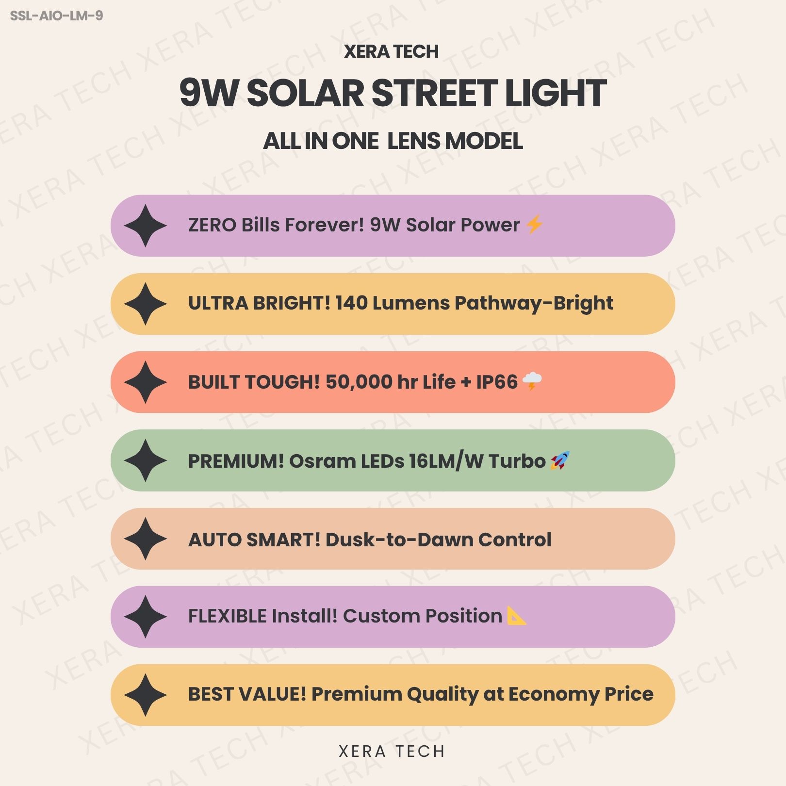 9W Solar Street Light specifications sheet – 9W 12V or 24V DC IP66 | Xera Tech