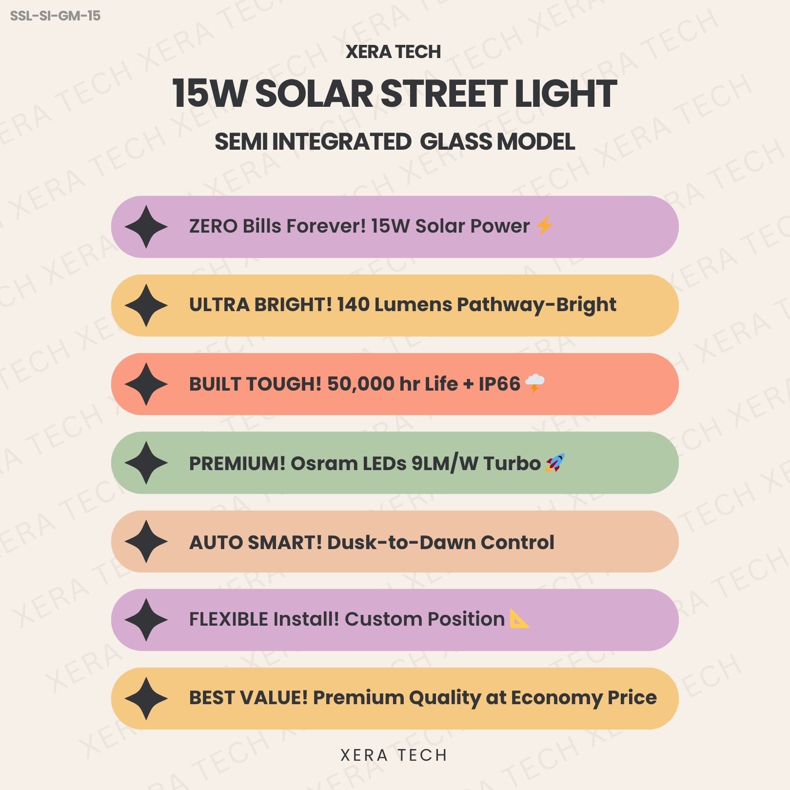 15W Solar Street Light specifications sheet – 15W 12V or 24V DC IP66 | Xera Tech