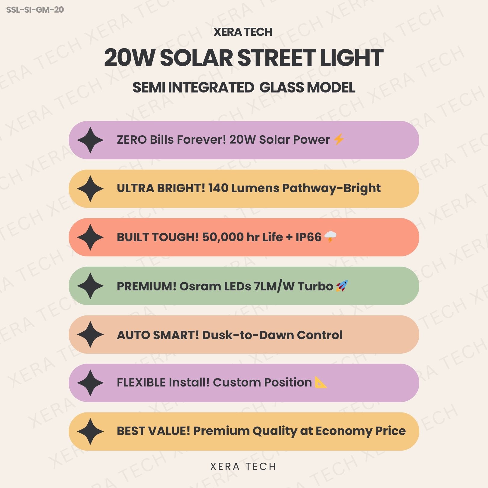 20W Solar Street Light specifications sheet – 20W 12V or 24V DC IP66 | Xera Tech