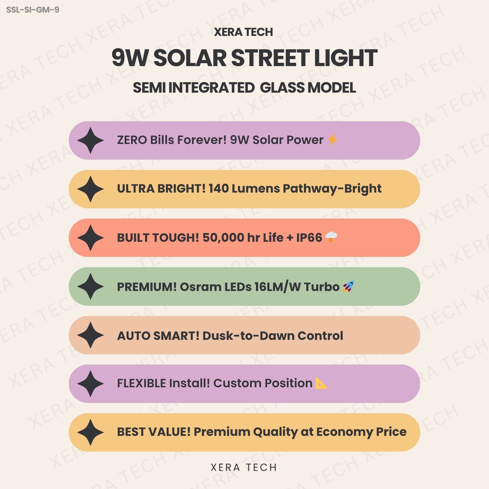 9W Solar Street Light specifications sheet – 9W 12V or 24V DC IP66 | Xera Tech